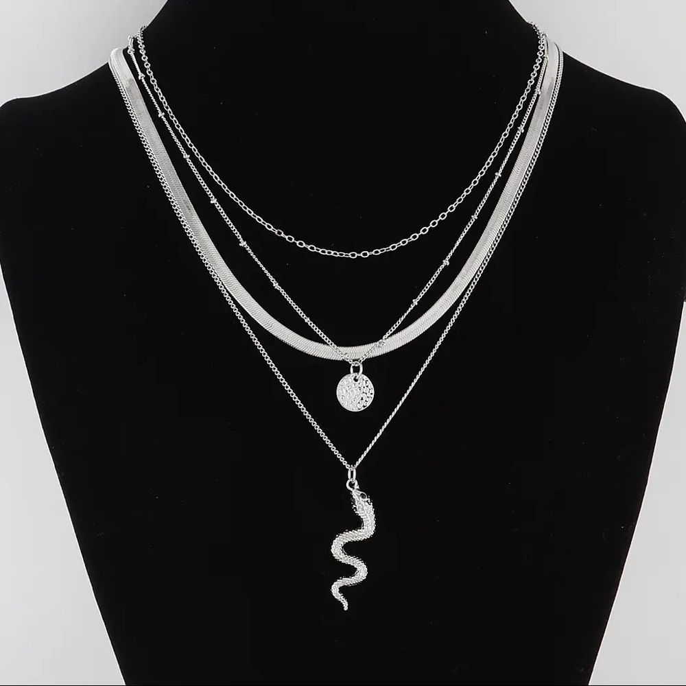Silver Multi Layered Snake Pendant Necklace